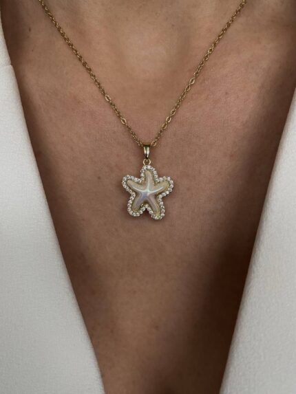 Gold Zirkon Taşlı Deniz Yıldız Çelik Kolye
