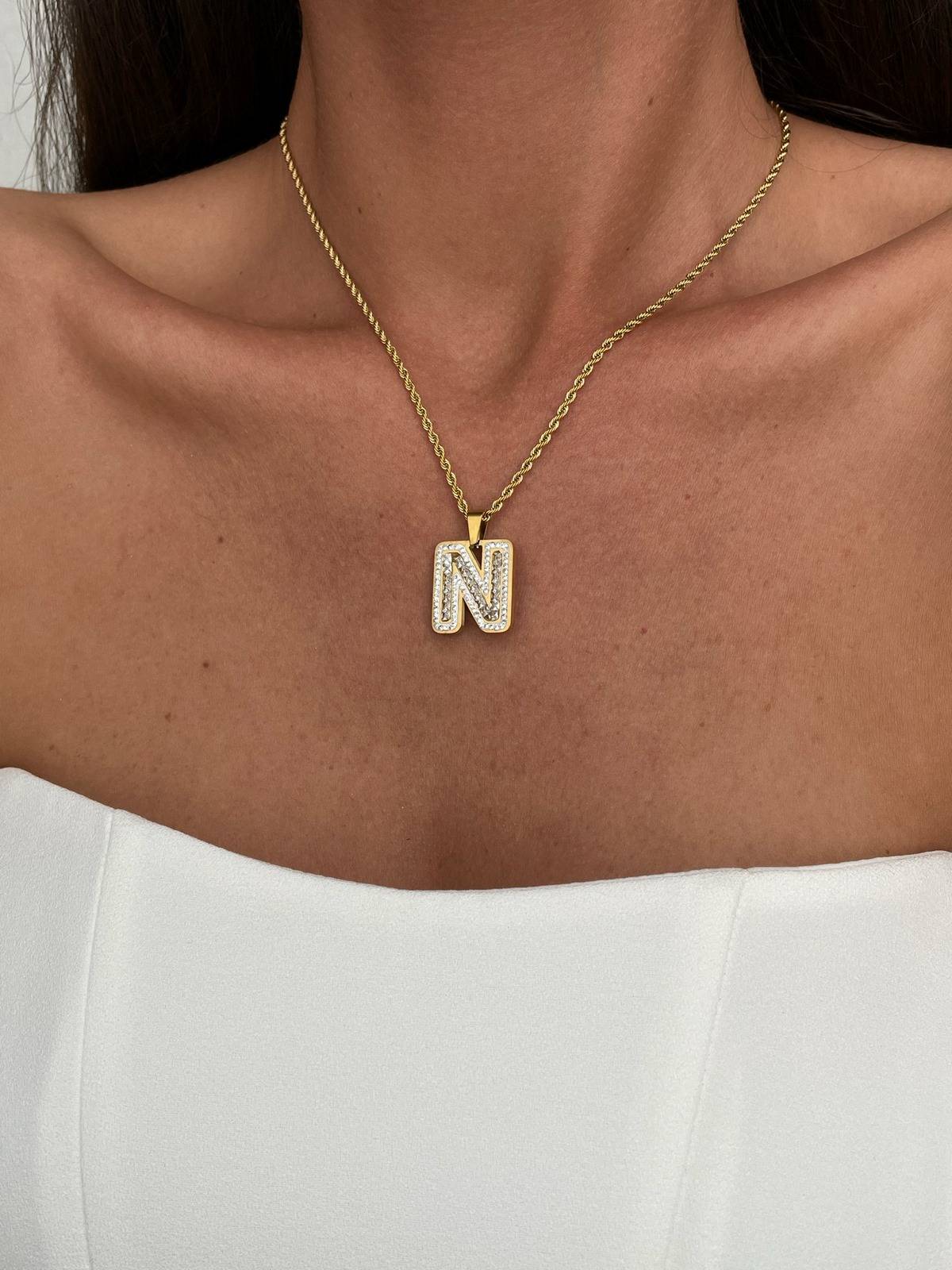 IMG_5653 Zirkon Taşlı Burgu Zinci N Harfli Kolye