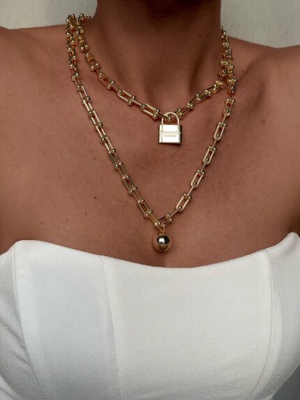 Özel Seri Marka İkili Kilit Tasarım Gold Kolye