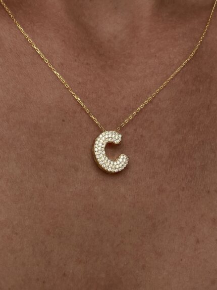 925 Gümüş Zirkon Taşlı C Harf Gold Kolye