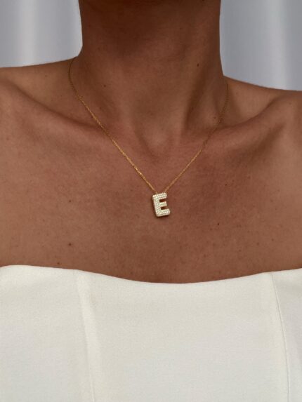 925 Gümüş Zirkon Taşlı E Harf Gold Kolye