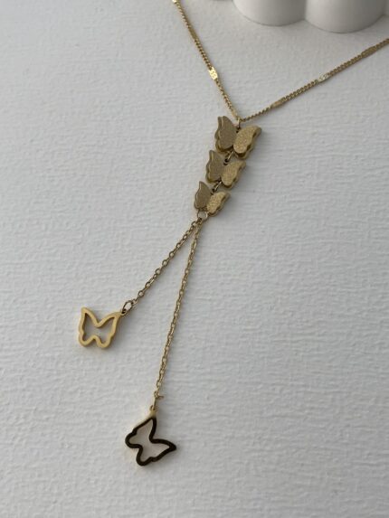 Çelik Kelebek Tasarım Sallantılı Gold Kolye