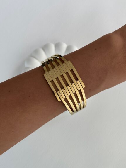 Çelik Geometrik Desen Gold Kelepçe Bileklik