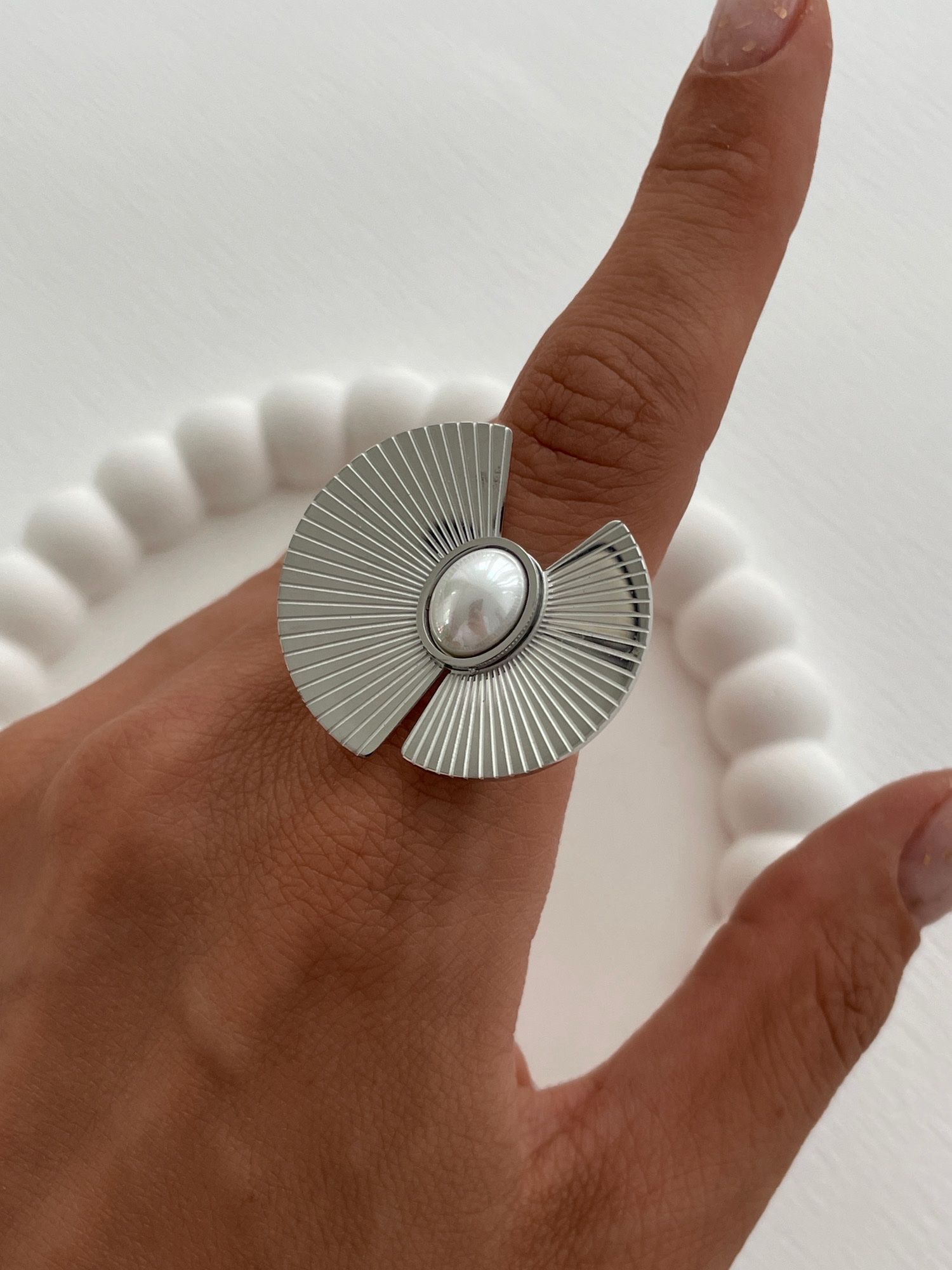 img_4224 Özel Seri Geometrik Desen İnci Detaylı Gümüş Ayarlanabilir Yüzük