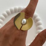 Özel Seri Geometrik Desen İnci Detaylı Gold Ayarlanabilir Yüzük