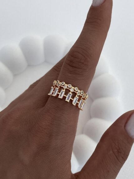 Özel Seri Sıralı Baget Taş İkili Gold Ayarlanabilir Yüzük