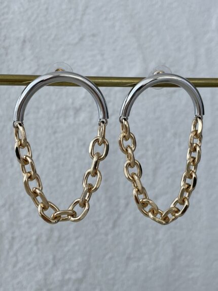 Özel Seri Maksi Boy Zincir Detaylı Gold & Gümüş Oval Küpe