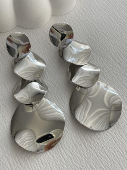 Özel Seri Maksi  Boy Üçlü Yuvarlak Plaka Gümüş Küpe