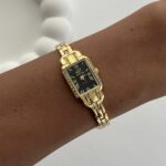 Çelik Zirkon Taşlı Siyah Kadran Vintage Gold Saat