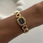 Çelik Zirkon Taşlı Siyah Kadran Vintage Gold Saat