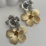 Özel Seri İkili Çiçek Tasarım Gold & Gümüş Küpe