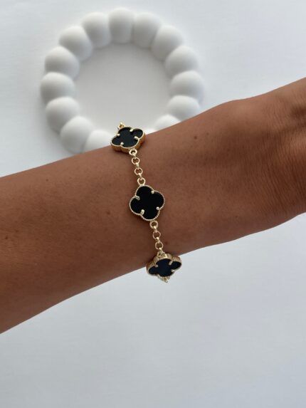 Özel Seri Üçlü Yonca Tasarım Çift Taraflı Siyah Gold Bileklik