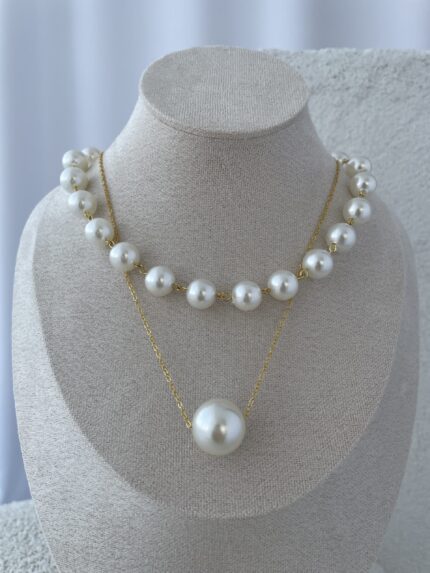 LP Özel Üretim Gold Detaylı İkili İnci Kolye