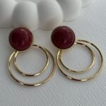 Özel Seri Gold İç İçe Halka Bordo Detay Küpe