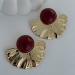 Özel Seri Yarım Çiçek Tasarım Gold Bordo Küpe