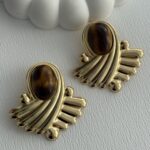Özel Seri Gold Detay Kahverengi Oval Vintage Küpe