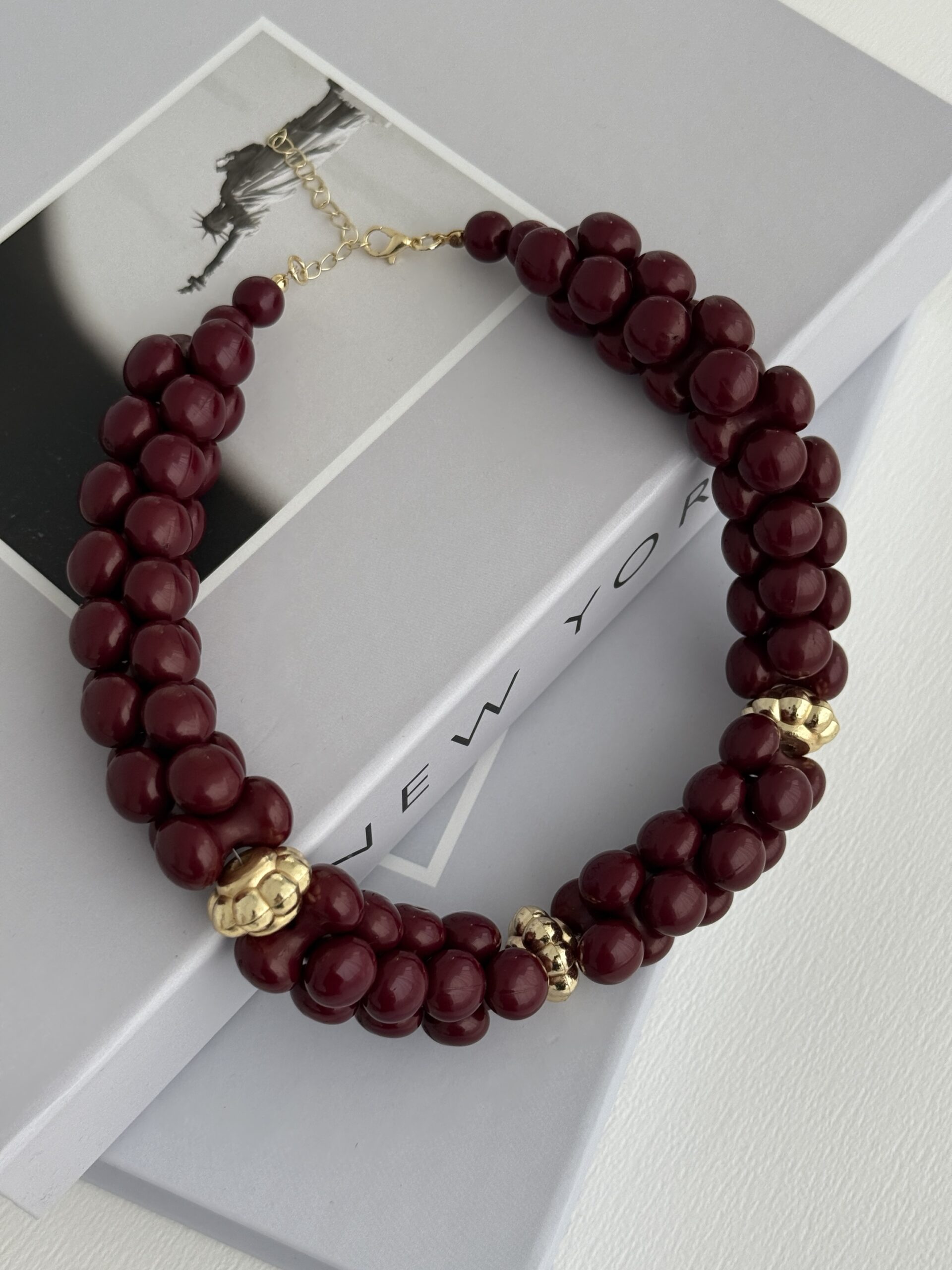 img_2404-6 Özel Seri Gold Detay Dört Sıra Bordo Top Kolye