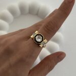 Özel Seri Zirkon Taşlı Siyah Mineli Gold Ayarlanabilir Yüzük