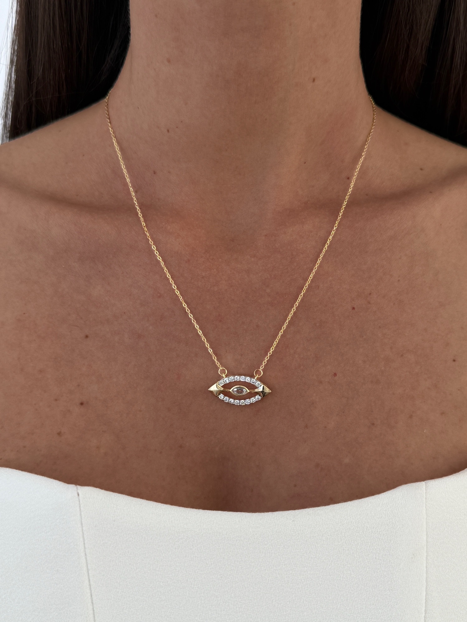 img_9411 Özel Seri Zirkon Taşlı Elips Göz Tasarım Gold Kolye