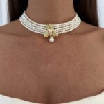 Özel Seri Arı Motif Beş Sıra İnci Gold Choker Kolye