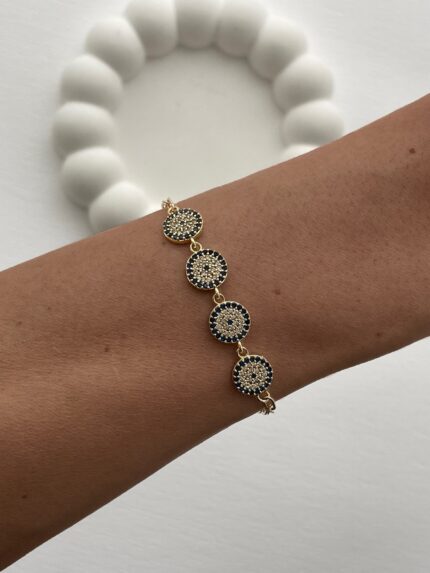 Özel Seri Zirkon Taşlı Dörtlü Nazar Boncuk Gold Bileklik