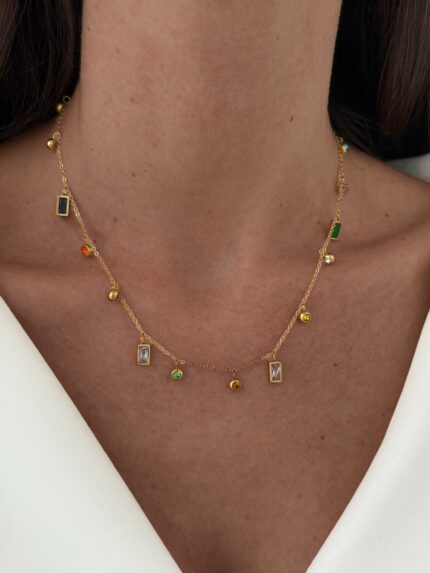 Özel Seri Renkli Taş Geometrik Tasarım Gold Kolye