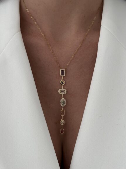 Özel Seri Renkli Taş Geometrik Y Tasarım Gold Kolye