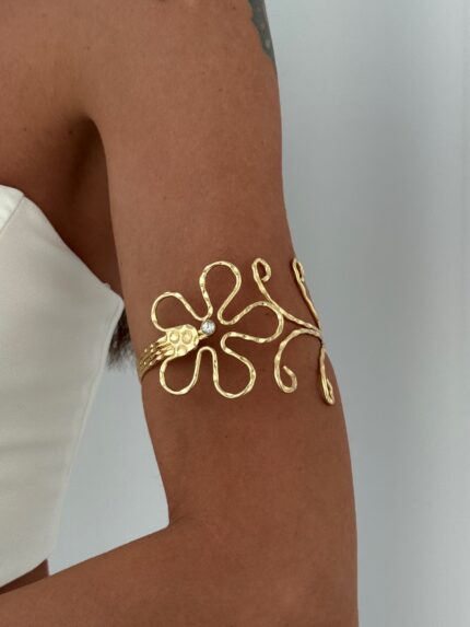 Özel Seri Zirkon Taşlı Çiçek Tasarım Gold Pazu Bilekliği