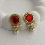 Özel Seri Kırmızı Opal Taş Gold Vintage İnci Küpe