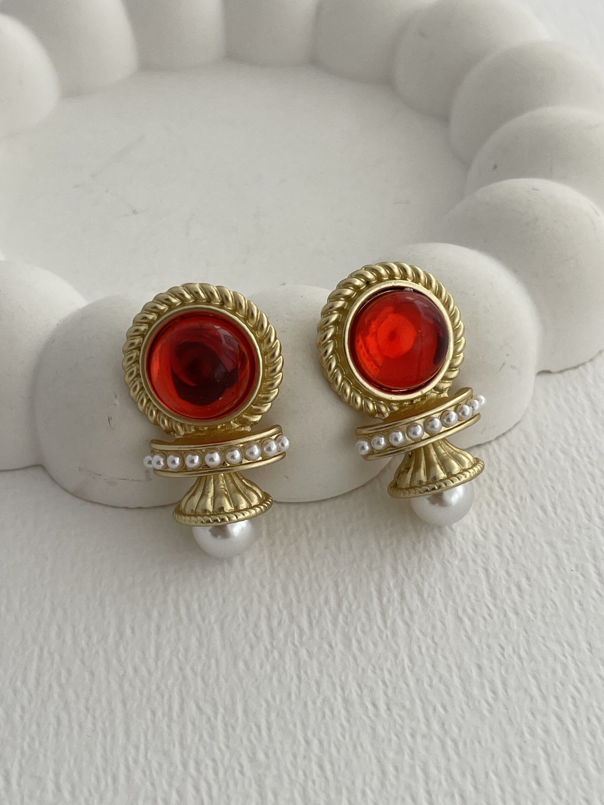 img_4927-4 Özel Seri Kırmızı Opal Taş Gold Vintage İnci Küpe