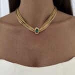 Özel Seri Mıknatıslı Yeşil Kırmızı Mavi Taşlı Çoklu Zincir Gold Kolye