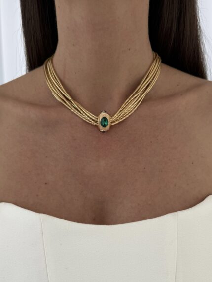 Özel Seri Mıknatıslı Yeşil Kırmızı Mavi Taşlı Çoklu Zincir Gold Kolye