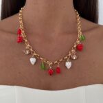 Özel Seri Çilek Renkli Taşlı Charm Gold Kolye