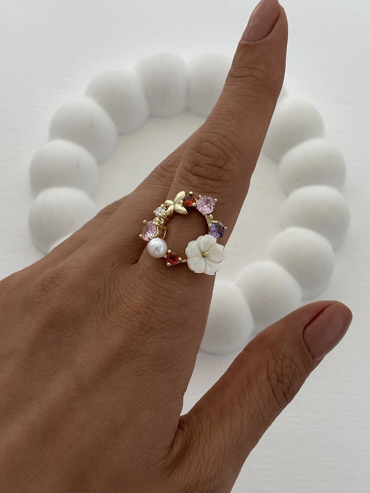 img_1860 Özel Seri Renkli Taşlı Çiçek Tasarım Ayarlanabilir Gold Yüzük