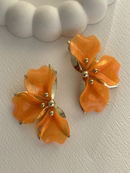 Özel Seri Çiçek Tasarım Turuncu Rainbow Gold Küpe