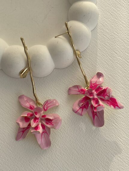 Özel Seri Çiçek Tasarım Pembe Rainbow Gold Küpe