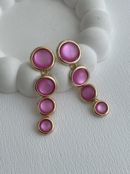 Özel Seri Dörtlü Yuvarlak Tasarım Fuşya Gold Küpe