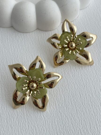 Özel Seri Çiçek Tasarım Yeşil Rainbow Gold Küpe