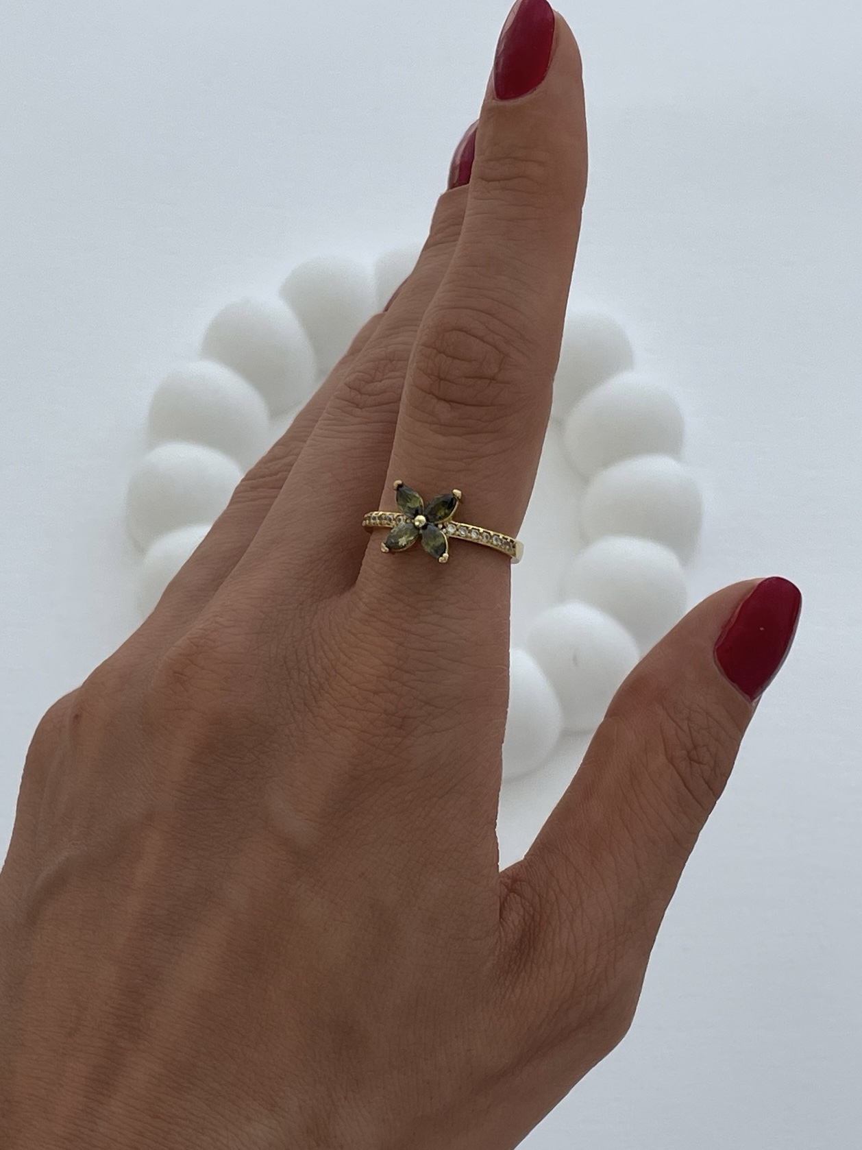 img_6125 Özel Seri Haki Baget Taş Çiçek Gold Ayarlanabilir Yüzük