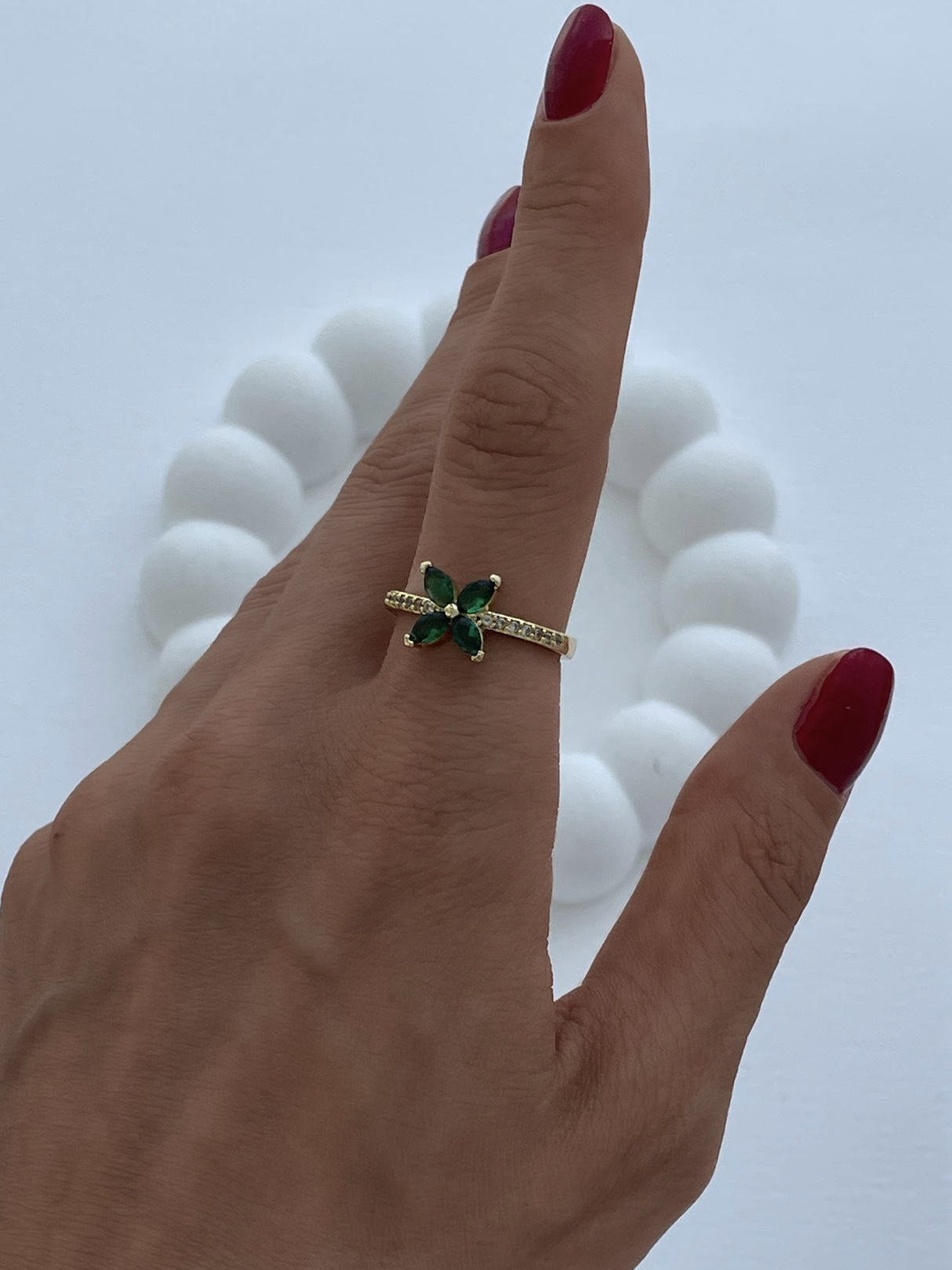 img_6153-2 Özel Seri Yeşil Baget Taş Çiçek Gold Ayarlanabilir Yüzük