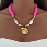 Özel Seri Deniz Kabuğu & İnci Neon Pembe Gold Kolye