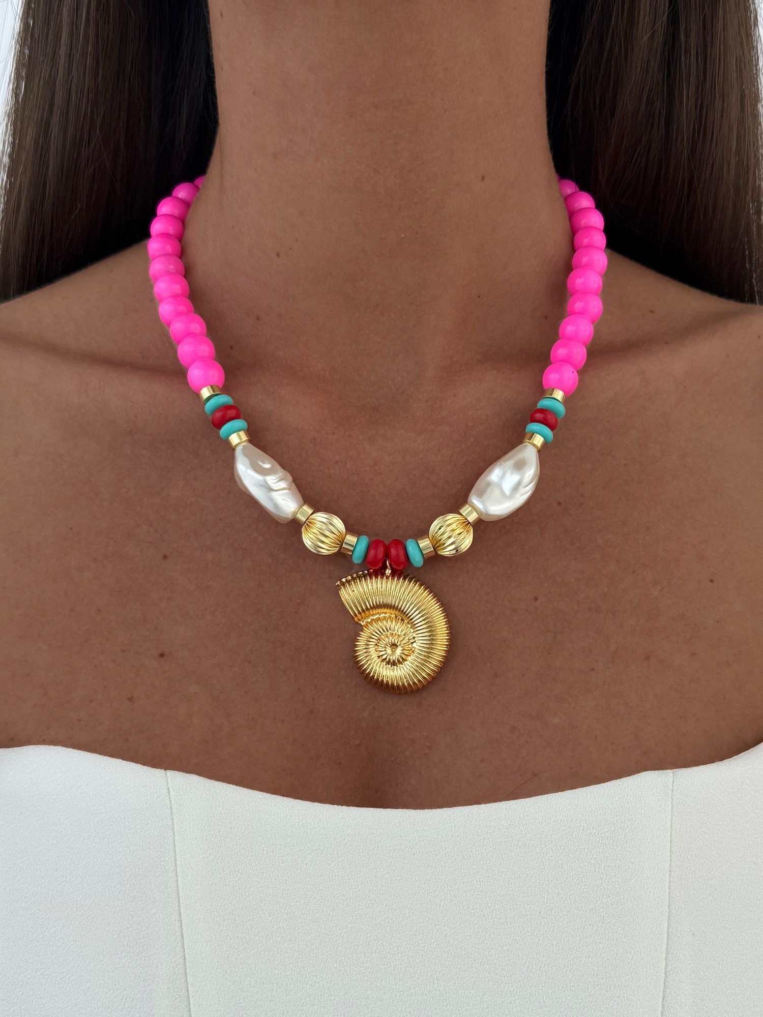 img_7369-3 Özel Seri Deniz Kabuğu & İnci Neon Pembe Gold Kolye
