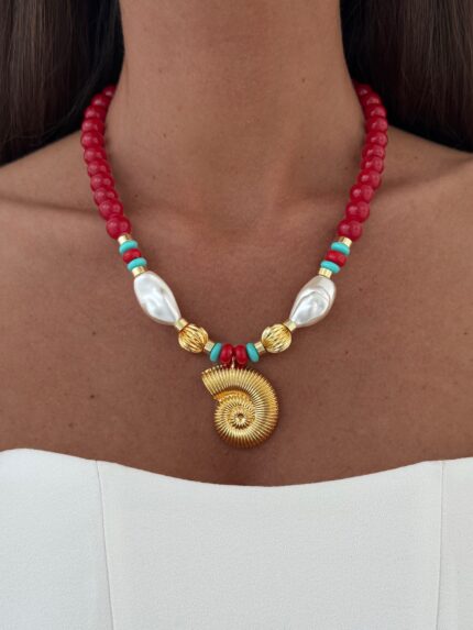 Özel Seri Deniz Kabuğu & İnci Kırmızı Gold Kolye