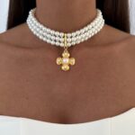 Özel Seri Çiçek Motif Üç Sıra İnci Gold Choker Kolye