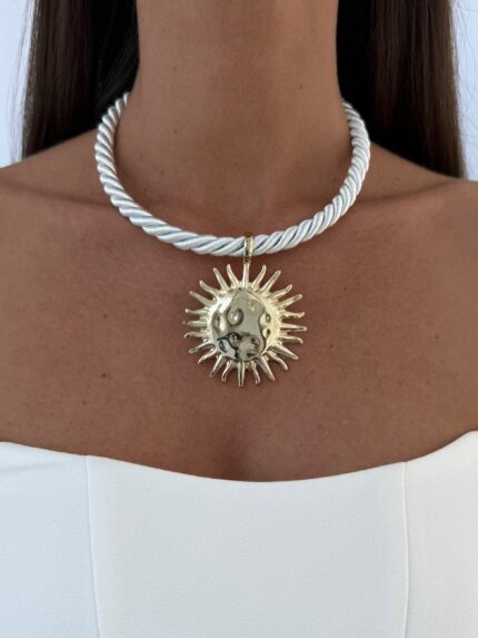 Özel Seri Gold Güneş Tasarım Kırık Beyaz Halat Kolye