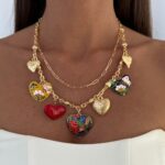 Özel Seri Renkli Kalp Charm İkili Gold Marka Model Kolye