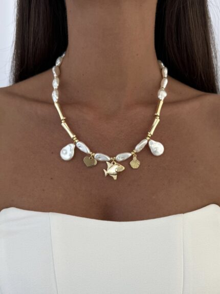 Özel Seri Balık Tasarım İncili Kemik Gold Detay Kolye