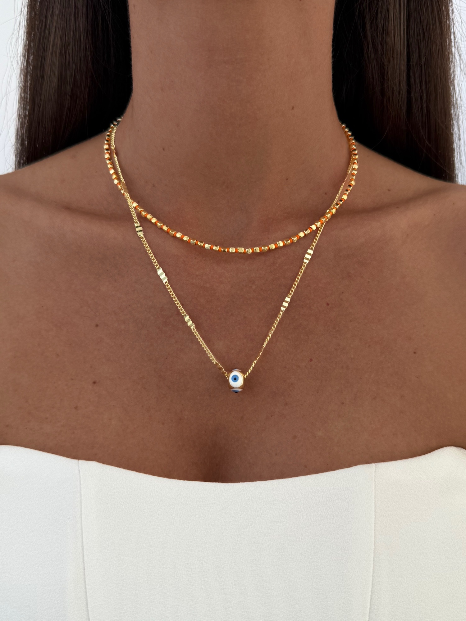 img_4603 Özel Seri Nazar Motif Turuncu Boncuklu İkili Gold Kolye