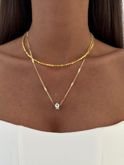 Özel Seri Nazar Motif Sarı Boncuklu Gold İkili Kolye