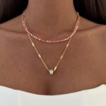 Özel Seri Nazar Motif Pembe Boncuklu İkili Gold Kolye